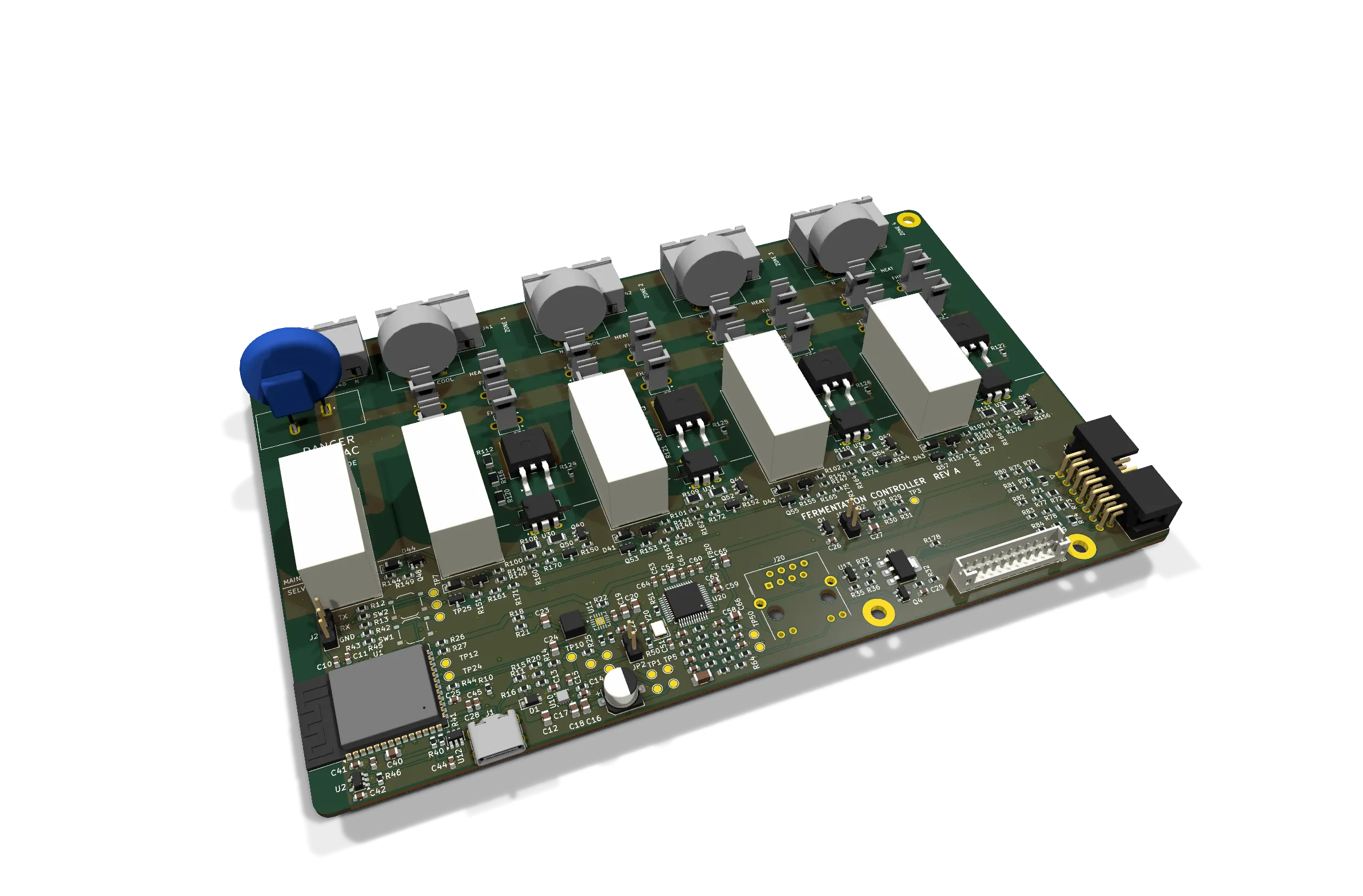 3D render of the routed controller board, with the mains switching section along the top and the low-voltage control section below.