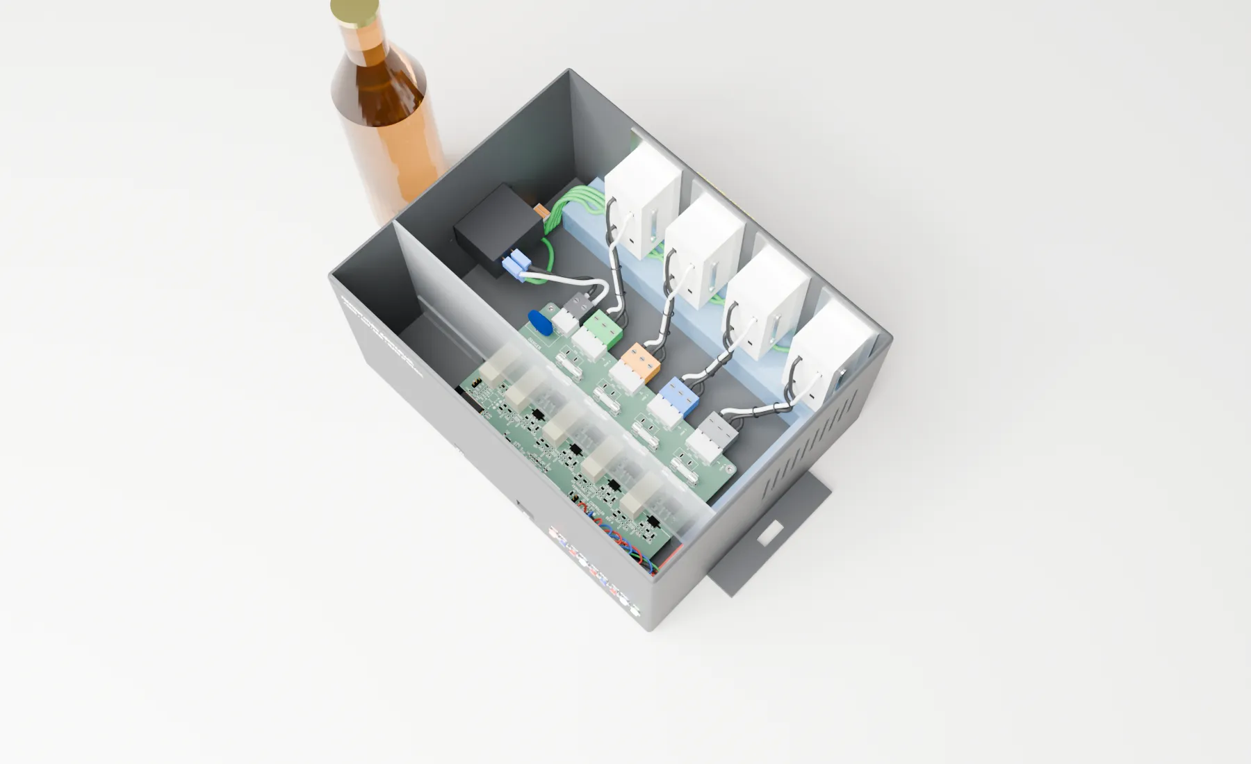 Render of the board inside its enclosure with the barrier wall and receptacles.