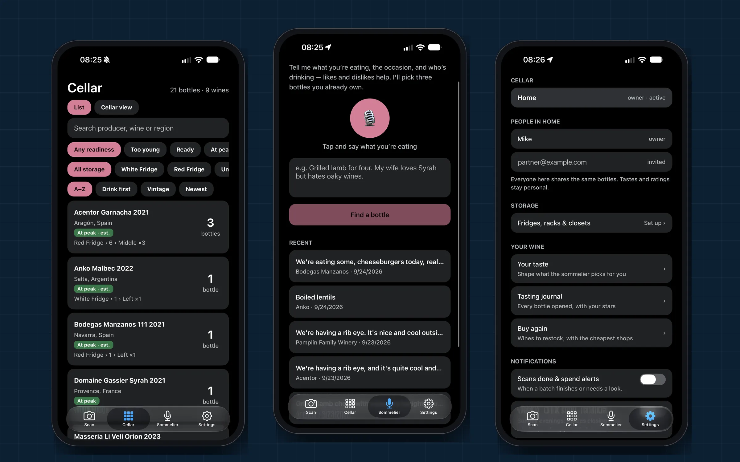 The InVinetory iPhone app showing the cellar list with readiness and locations, the voice sommelier with recent requests, and the shared-cellar settings.