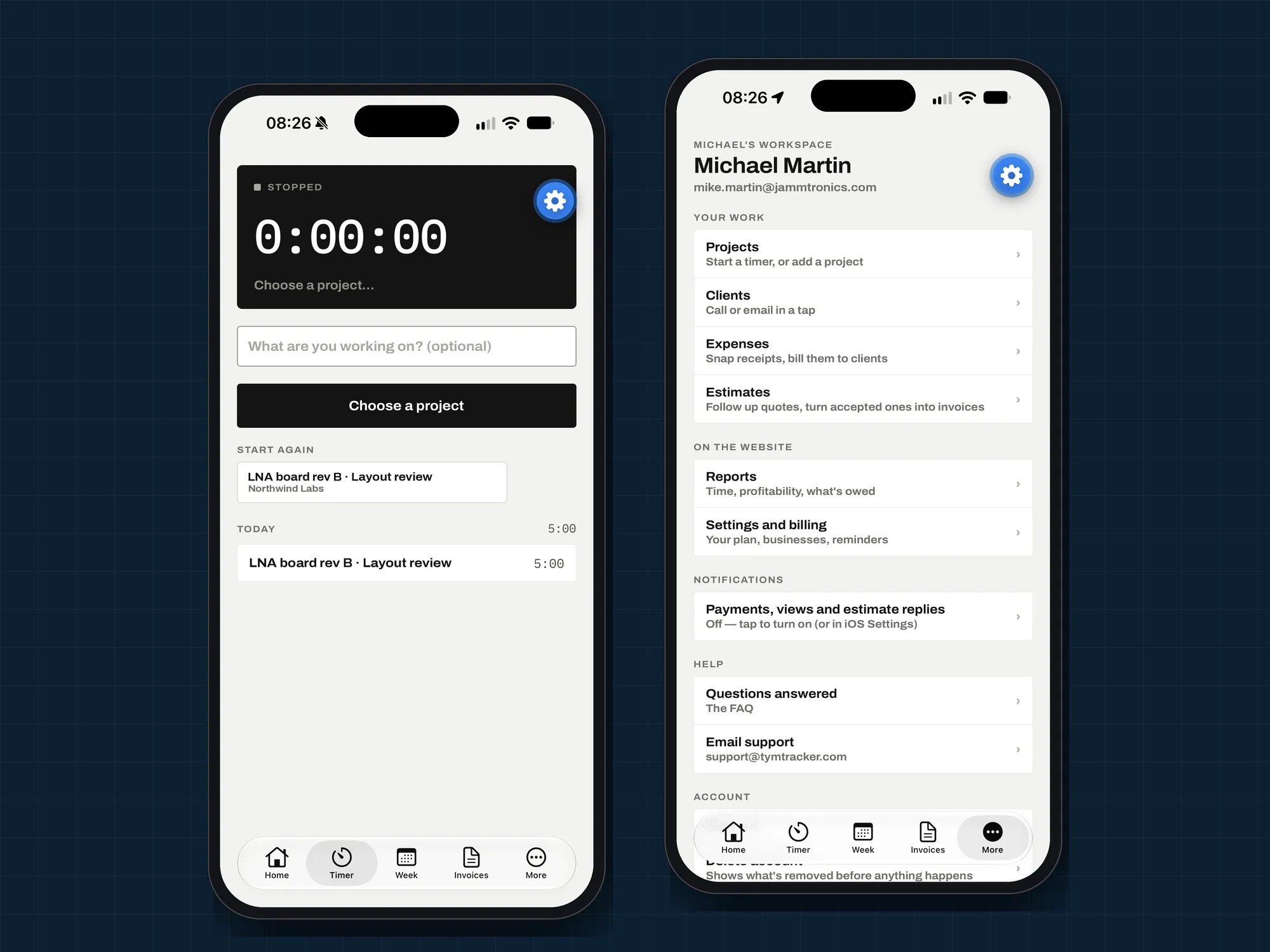The TymTracker iPhone app's timer screen and account screen.